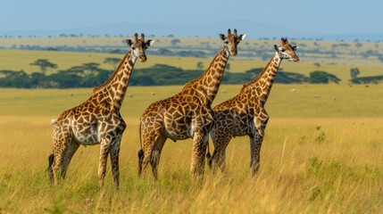 Fototapeta premium Group of Elegant Giraffes in the Middle of the Green Grass of the Savanna