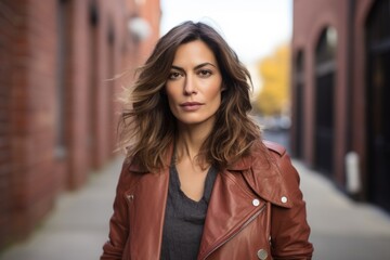 Fototapeta premium Portrait of a beautiful young brunette woman in a leather jacket