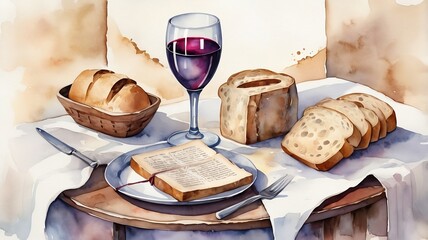 Eucharistic symbols. Bible, wine glass and bread on the table