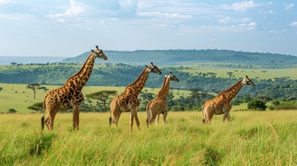 Fototapeta premium Group of Elegant Giraffes in the Middle of the Green Grass of the Savanna