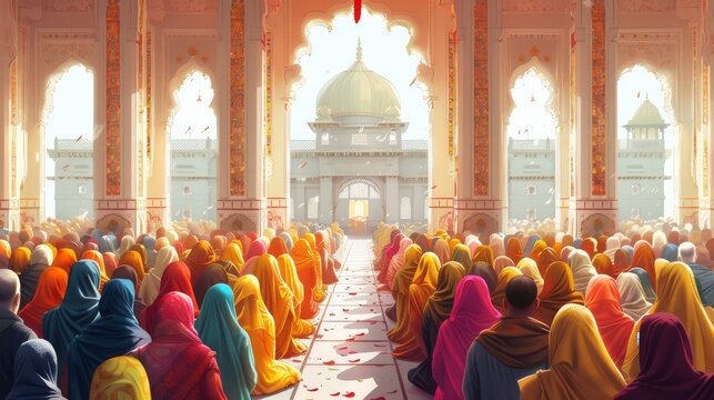 Sikh men and women praying in a gurdwara, with the Guru Granth Sahib placed on a raised platform. Cartoon illustrations vectors Generative AI