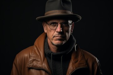 Obraz premium Portrait of an old man wearing a brown leather jacket and hat