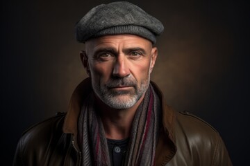 Obraz premium Portrait of a senior man with a gray beard wearing a hat and a brown leather jacket.