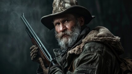 Fototapeta premium Studio shot of a mature hunter aiming with a rifle isolated on black background