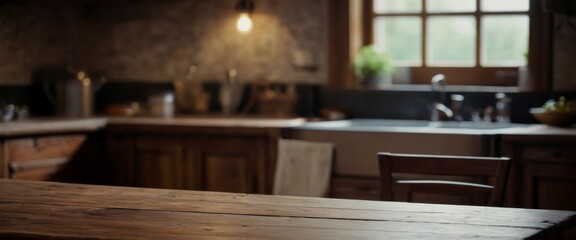 Wooden table on blurred Rustic in sharp focus bustling kitchen