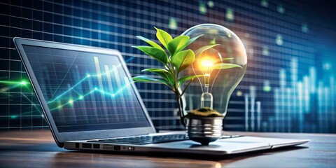 A futuristic laptop with a growing plant and lightbulb on screen, surrounded by graph papers and SEO keywords, symbolizing digital growth and online success.