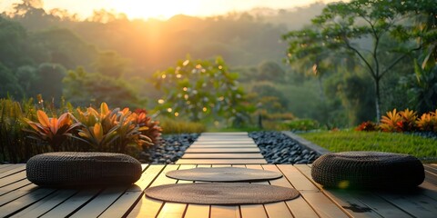 Peaceful wellness retreat in nature with holistic health practices and serene surroundings. Concept Wellness Retreat, Holistic Health, Serene Surroundings, Nature Escape, Mindful Movement