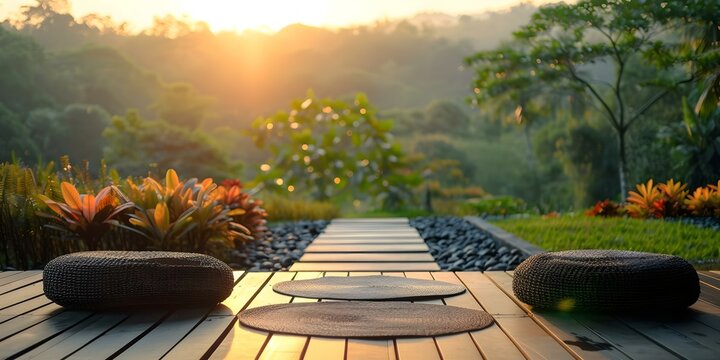 Peaceful wellness retreat in nature with holistic health practices and serene surroundings. Concept Wellness Retreat, Holistic Health, Serene Surroundings, Nature Escape, Mindful Movement