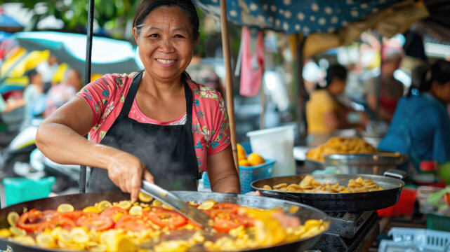 A mature female Filipino street vendor smiling while cooking fresh food at a bustling market stall.