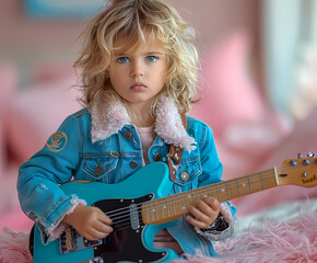 Obraz premium A young girl with blonde hair solemnly plays an electric guitar while wearing a blue denim jacket, sitting in a pink-themed room, showcasing a blend of innocence and retro style.