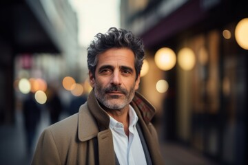 Obraz premium Portrait of a middle-aged man in a coat in the city