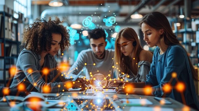 A group of diverse young professionals work together on a project, using a variety of digital tools and resources. They are all wearing casual clothing and are engaged in their work. The image is well