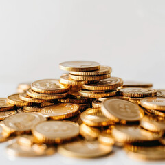 Majestic Pile of Gold Coins: A Stack of Wealth Contrasted with Scattered Coins, Set Against a Pristine White Background, Capturing the Focus of Nature