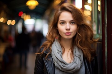 Fototapeta premium Portrait of a beautiful young woman in the city at night.