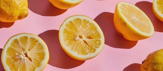 Bright pink backdrop featuring halves of ripe lemons on full display