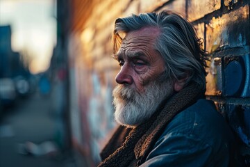 Portrait of an elderly man with a gray beard on the street.