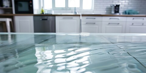 Kitchen floor flooded from water leak requiring property insurance claim for repair. Concept Water Damage, Property Insurance Claim, Kitchen Repair, Flooded Floor, Home Maintenance