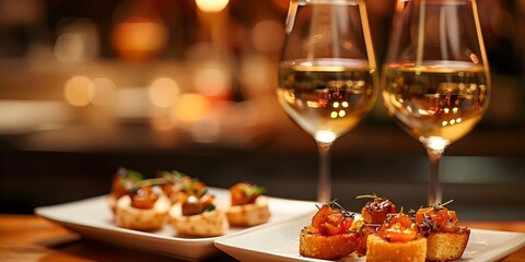 Elegant Restaurant Offering Tapas Canapés and Romantic Ambiance with Soft Lighting. Concept Restaurant Setting, Tapas Canapés, Romantic Ambiance, Soft Lighting, Elegant Dining