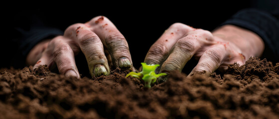 A person's hands are in the dirt, planting a seed