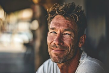 Fototapeta premium Portrait of a handsome man with a beard in a cafe.