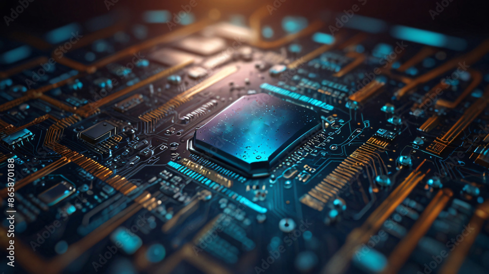 Poster close-up of a blue and gold circuit board with a central processor unit with copy space text for tec