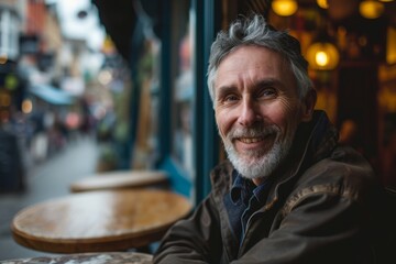 Obraz premium Portrait of a senior man sitting in a street cafe, smiling.