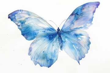 ethereal blue butterfly gracefully perched on pure white delicate wings spread watercolor painting