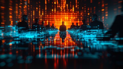 Futuristic concept of people navigating through digital data streams in a technologically advanced environment with vibrant lights.