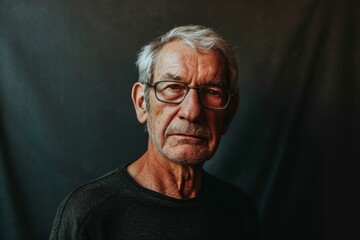 Obraz premium Portrait of an elderly man with glasses on a dark background.