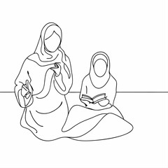 Continuous line draw of pretty happy muslimah with headscarf hold book woman in trendy hijab (29)