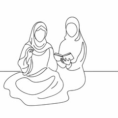Continuous line draw of pretty happy muslimah with headscarf hold book woman in trendy hijab (2)