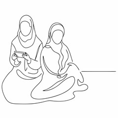 Continuous line draw of pretty happy muslimah with headscarf hold book woman in trendy hijab (28)