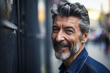 Fototapeta premium Portrait of a smiling senior man standing in the city street.