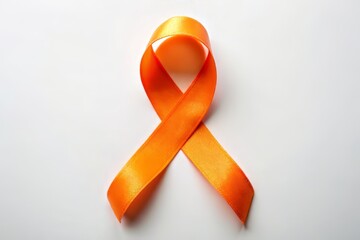 Vibrant orange awareness ribbon tied in a loop, suspended against a soft white background, symbolizing support and solidarity for various social causes.