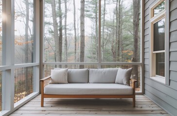 Fototapeta premium Cozy screened-in porch with comfortable couch, surrounded by trees. Ideal for relaxation and enjoying nature. Modern outdoor living space.