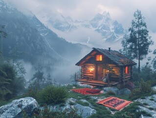 Fototapeta premium Cozy wooden cabin illuminated warmly amid towering misty mountains, with scenic alpine views and lush greenery creating a serene retreat.