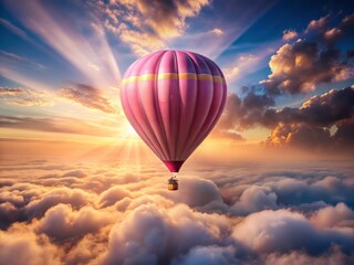 Obraz premium Vibrant pink hot air balloon floats serenely against a soft, creamy morning cloud backdrop, with gentle wisps of fog and subtle sunbeam illumination in the distance.