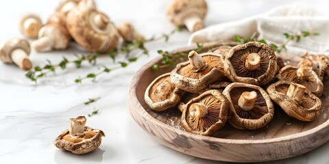 Fototapeta premium Shiitake mushrooms on a wooden plate with herbs food and health concept. Concept Food Photography, Shiitake Mushrooms, Wooden Plate, Herbs, Health Concept