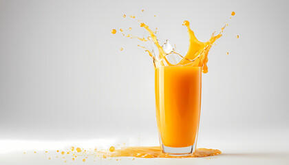 A refreshing glass of orange juice with dynamic splashes captured mid-air around it, creating a sense of freshness and energy against a neutral background.