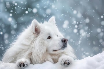 Obraz premium enchanting white samoyed dog in snowfall majestic canine portrait high definition animal photography