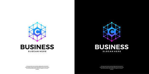 Letter C technology logo design. Abstract dot data connected logo template.