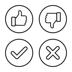 Thumb up, down, check, and cross icon in circle line. Like, dislike, tick, and x mark sign symbol