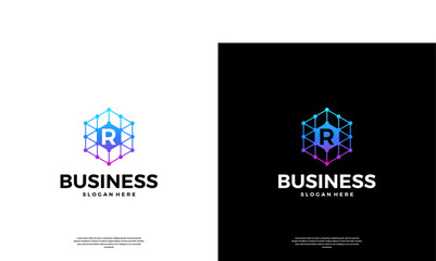 Letter R technology logo design. Abstract dot data connected logo template.