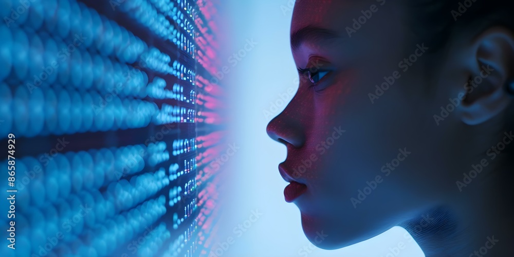 Poster interacting with abstract shapes in coding a woman's profile man and machine's collaboration. concep