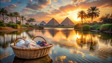 A serene basket carrying an infant's blanket floats gently on a tranquil river at sunset, with ancient pyramids majestically rising in the distant Egyptian landscape.