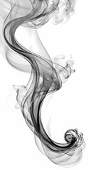An artistic vertical image showing abstract black smoke forming graceful curves and spirals on a clean white background, showcasing the delicate and fluid nature of smoke.