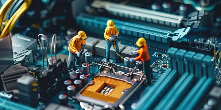 Engineers in construction hard hats fixing computer motherboard and components