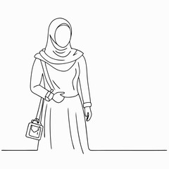 Continuous one line draw of happy beautiful middle east muslimah model on traditional islamic cloth hold camera (6)
