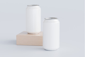 Soda can on wooden block white background isolated 3d rendering for presentation display minimalist elegant mockup and product showcase