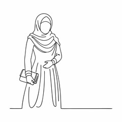 Continuous one line draw of happy beautiful middle east muslimah model on traditional islamic cloth hold camera (10)